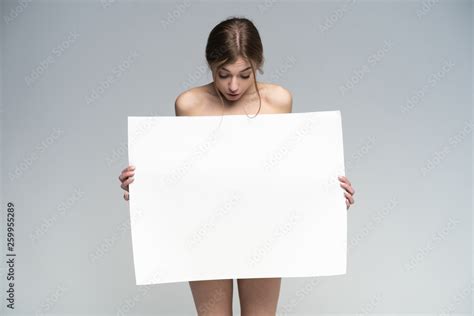 Sexy Naked Girl With A Poster Clean Skin Hair Removed Isolate For