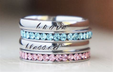 Birthstone Stacking Rings Personalized Name Silver Stamped Engraved Mom
