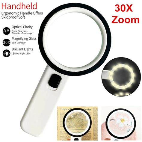 Magnifying Glass 30x Jumbo Handheld W 12 Bright Led Light Illuminated Magnifier