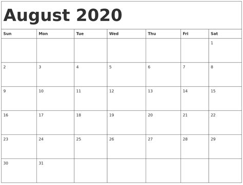 August 2020 Printable Calendar Template 2020calendars