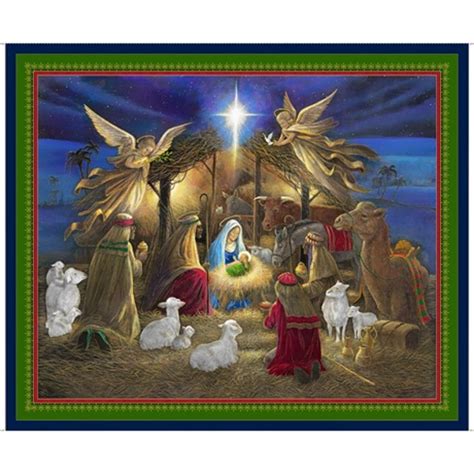 Christmas Holy Night Nativity Scene Cotton Quilting Fabric Panel Jrs