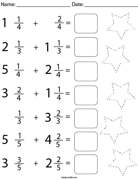 Adding Mixed Fractions Math Worksheet Twisty Noodle