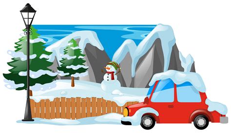 Winter scene with snowman and car 370044 Vector Art at Vecteezy