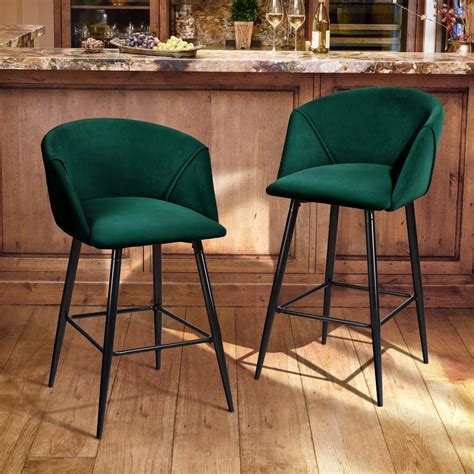 Furniturer Modern 26 Counter Stools Set Of 2 With Arm Full Back Thick Padded Forest Green