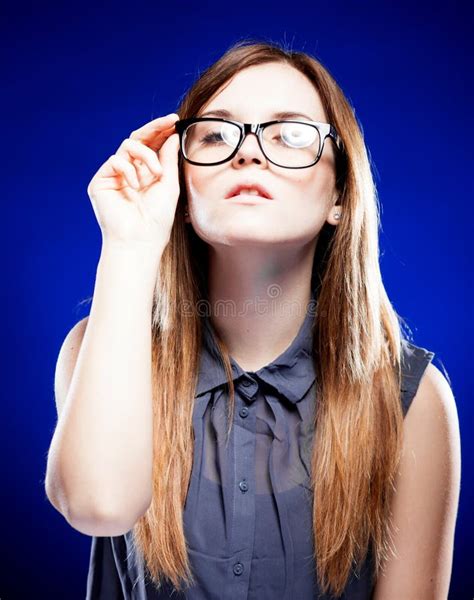 Strict Young Woman Holding Nerd Glasses Stock Photo Image Of Eyes