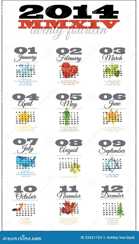 2014 12 Month Calendar Featuring Holidays Stock Images Image 32621124