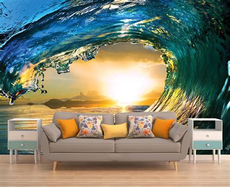 Wave Wall Decal Sunset Wall Mural Peel And Stick Vinyl Etsy Wall