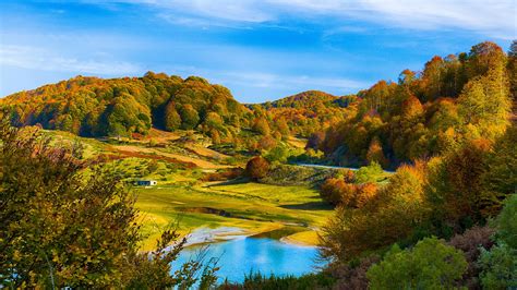 Wallpaper Autumn Scenery Hills Forest Lake House