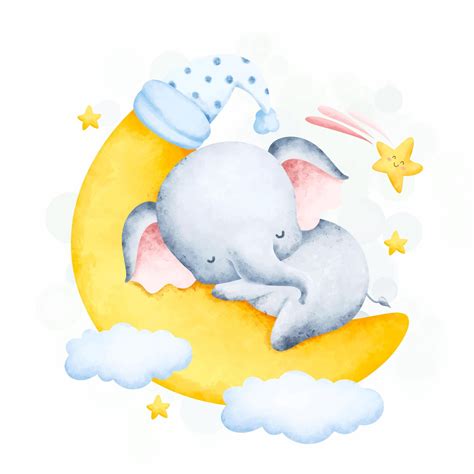 Lindo Bebé Elefante Durmiendo En La Luna Vector Premium