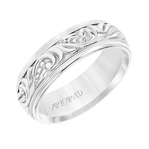 Artcarved 7mm 14k White Gold Engraved Paisley Pattern Band Mens