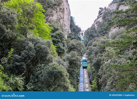 Green Tramway In Mountain Landscape Montserrat Near Barcelona Spain