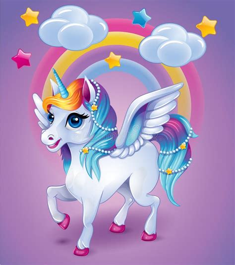 Unicorn With Colorful Hear On Rainbow Background Stock Vector