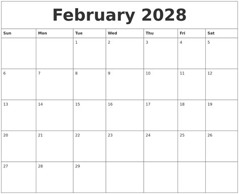 February 2028 Print Monthly Calendar