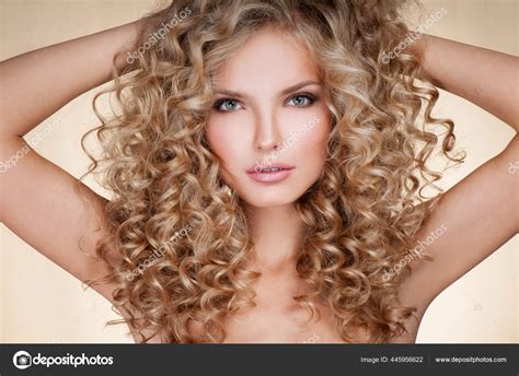 Beautiful Blonde Woman Healthy Long Blond Hair Curly Hair Blond Stock