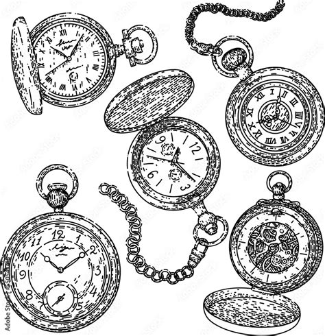 Watch Pocket Old Set Hand Drawn Vector Vintage Clock Antique Time