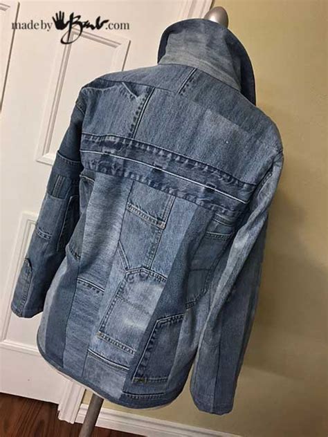 upcycle denim jeans to jacket made by barb easy piecing of repurposed jeans into a stylish