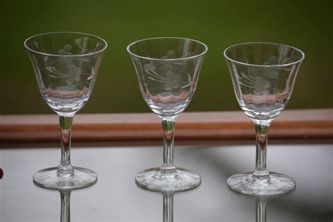 Vintage Small Etched Wine Glasses Set Of 5 Floral Etched Small Cocktail Glasses Wine Tasting