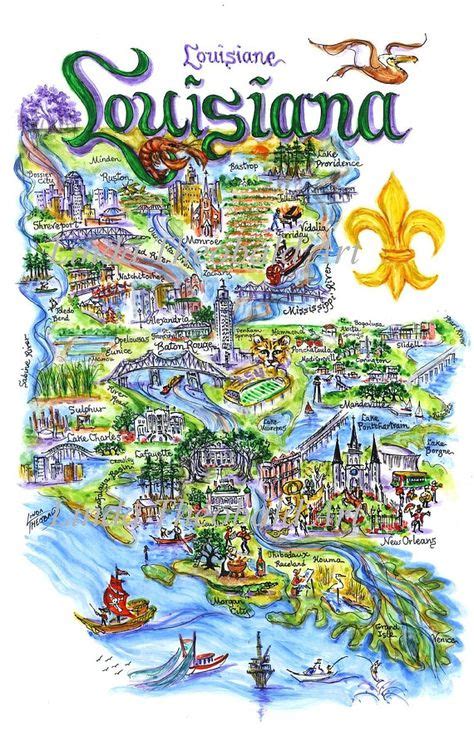 State Of Louisiana Illustrated Art Print Choice Of Mat Color Included