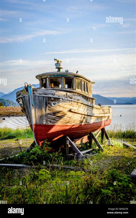 Old Fishing Boat Out Of The Water At Icy Strait Point Alaska Waiting To