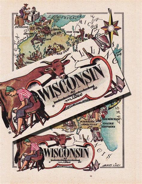 Map Of Wisconsin From 1946 By French Artist Jacques Liozu Etsy