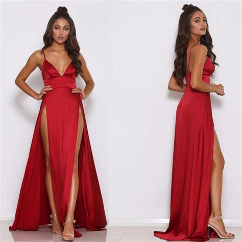 Spaghetti Starps Red Slit Prom Dress Sexy V Neck Backless A Line Soft