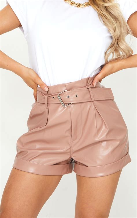 Dusty Pink Belted Faux Leather Turn Up Hem Shorts Prettylittlething