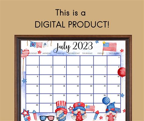 Editable July 2023 Calendar 4th July Independence Day With Etsy Singapore