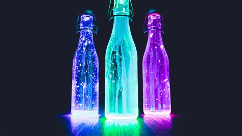 Wallpaper Glow Light Bottles Neon Liquid Black