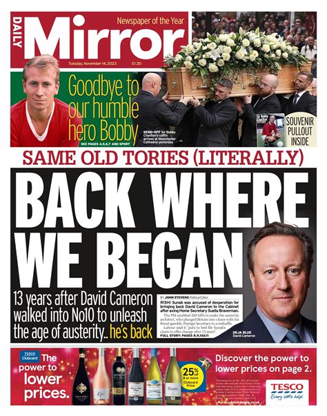 Daily Mirror Front Page 14th Of November 2023 Tomorrows Papers Today