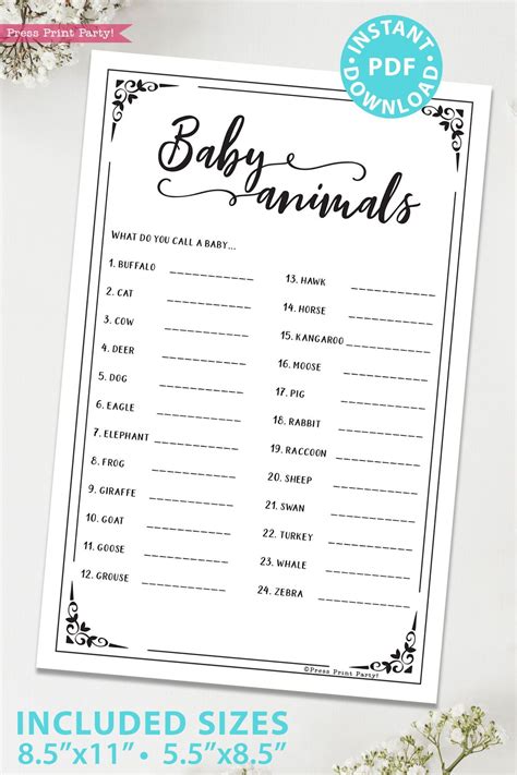 Baby Animals Names Shower Game Printable Rustic Press Print Party