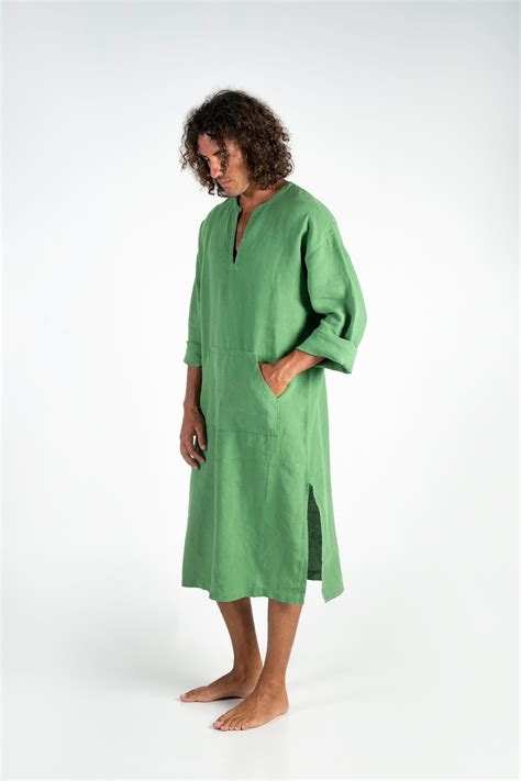 Linen Man Caftandress Classico Midi Roman Green Pure Linen Tunic For
