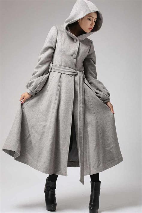 Maxi Wool Coat Long Sleeve Womens Long Swing Coat With Hood And Self T
