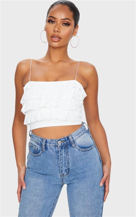 White Woven Tiered Crop Cami Tops Prettylittlething Il
