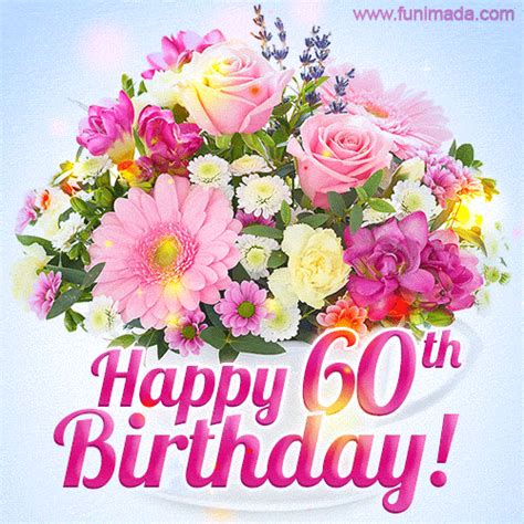 Happy 60th Birthday Greeting Card Beautiful Flowers And Flashing