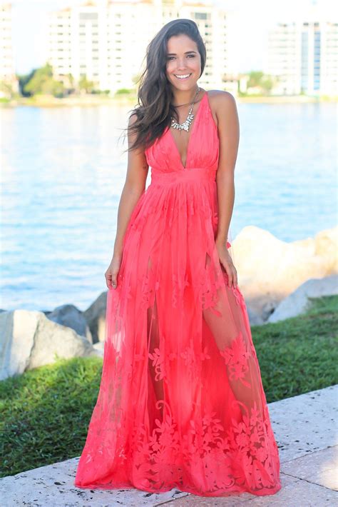 Coral Floral Tulle Maxi Dress with Criss Cross Back | Tulle maxi dress ...