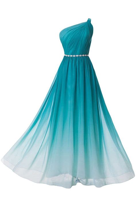 turquoise gradient ombre one shoulder chiffon ruched dress with beaded embellished belt n670