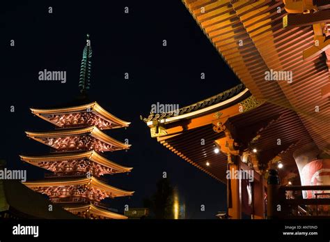 Stock Photo Of The Five Story Pagoda Of Sensoji Temple At Night In