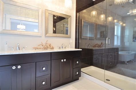 Master Bathroom Espresso Cabinets With A Double Vanity And Large Walk