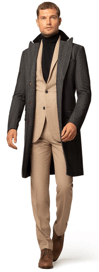 Grey Long Peak Lapel Overcoat With Contrasted Collar