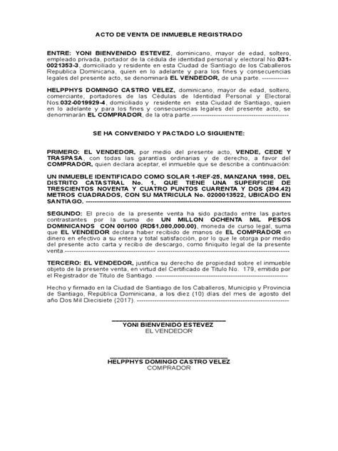 1 Contrato De Venta De Un Inmueble Registrado 1 República Dominicana