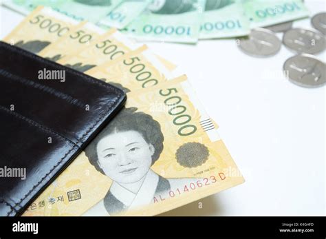 Different Value South Korean Won Currency Near The Wallet On White Background Stock Photo Alamy
