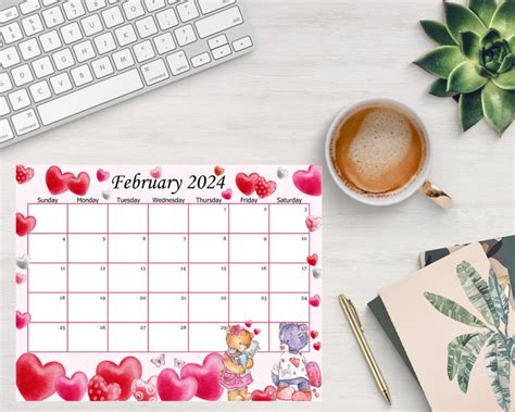 Editable February 2024 Calendar Cute Valentine Planner Kids School