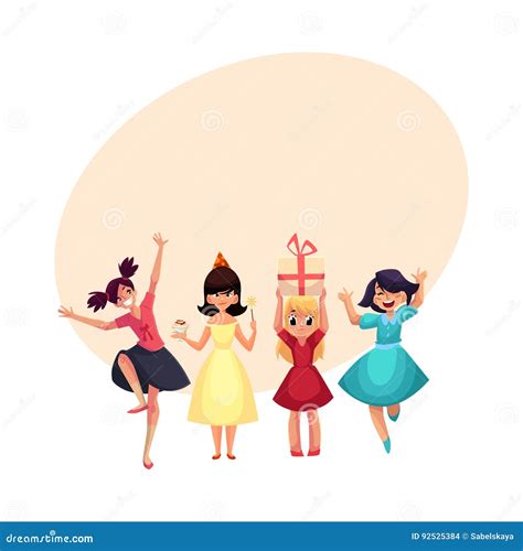 Four Various Girls In Colorful Dresses Having Fun At Birthday Party