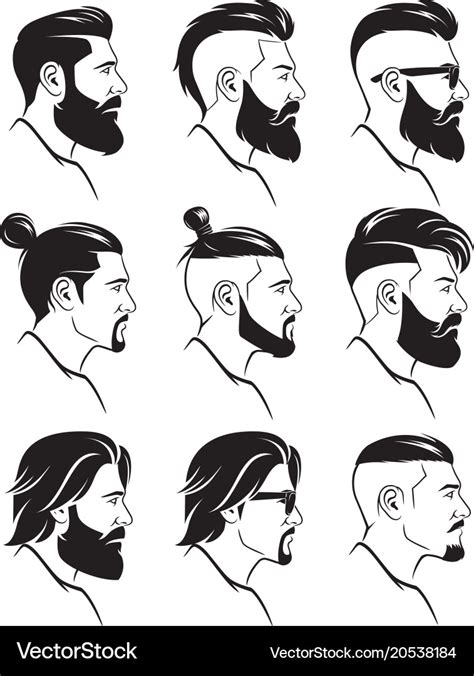 Set Of Silhouette Bearded Men Faces Hipsters Style