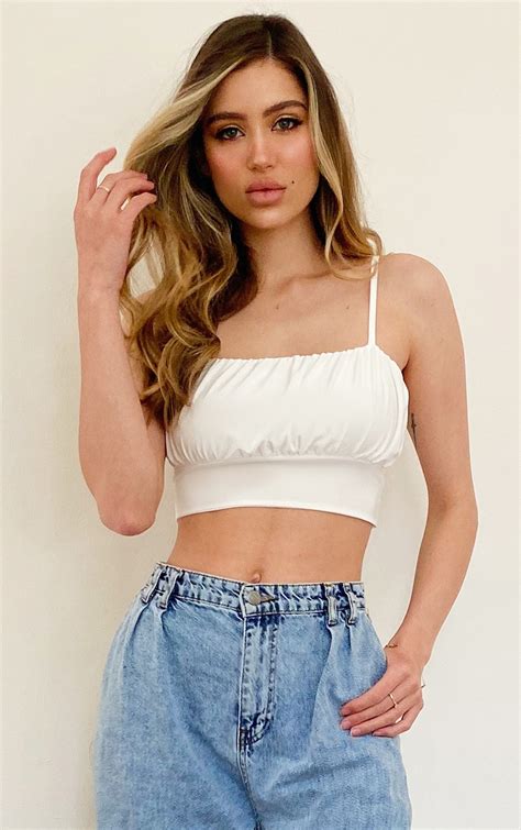 White Slinky Ruched Bust Crop Top Tops Prettylittlething