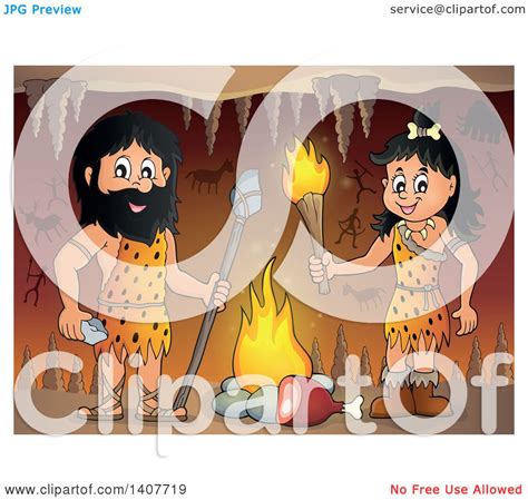 Clipart Of A Caveman And Woman By A Fire In A Cave Royalty Free