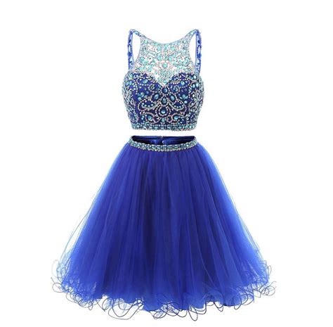 Womens 2017 Sparkly Royal Blue Short 2 Piece Beaded Homecoming Dresses