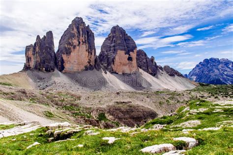 The Tre Cime Di Lavaredo In The Sexten Dolomites Of Northeastern Italy Stock Image Image Of