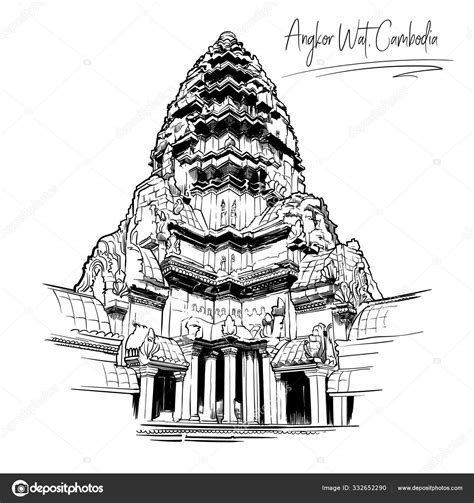 Centerpiece Of The Angkor Wat Temple Black And White Sketch Isolated