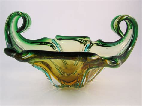 Vintage Murano Art Glass Bowl Green And Amber Gold Glass With Decorative Scrolled Sides Glass